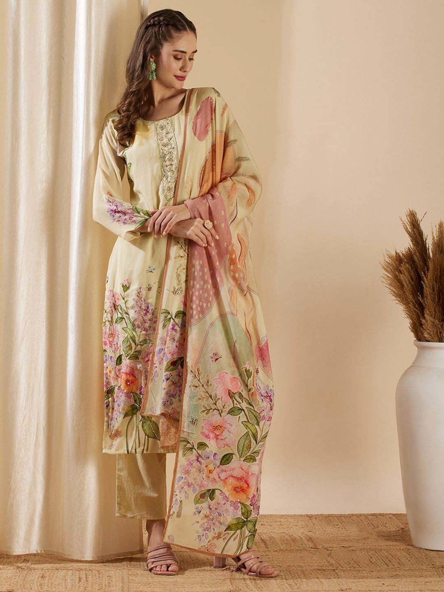 Fashor Cream Embroidered Kurta & Pant Set With Dupatta