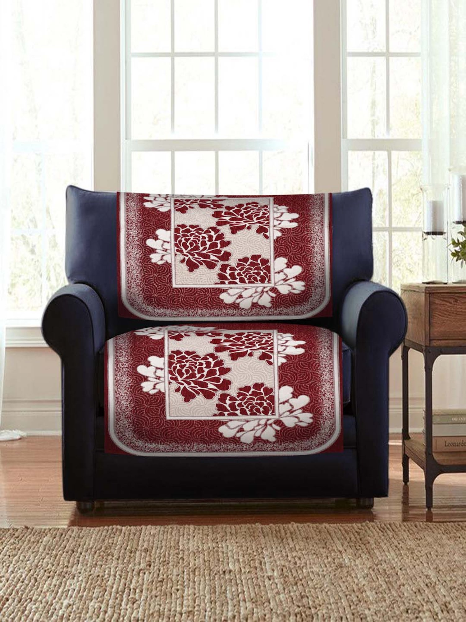 HOSTA HOMES Maroon & Beige Velvet 5-Seater Sofa Cover - Set of 10