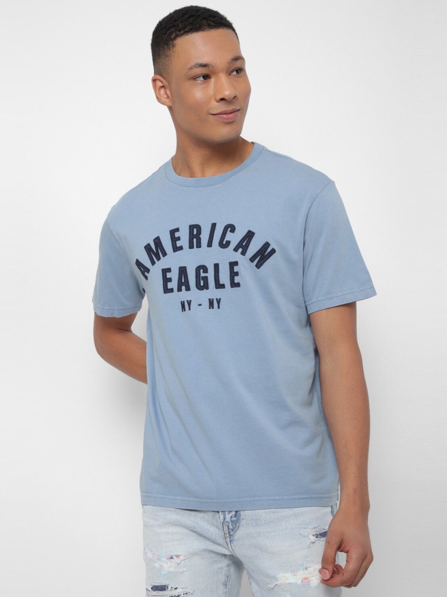 American Eagle Blue Cotton Regular Fit Printed T-Shirt