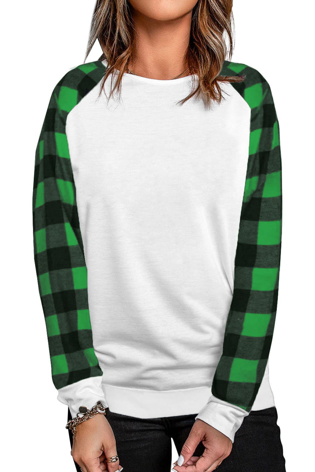 Blank Sweatshirt - Green Casual Buffalo Plaid Raglan Sleeve Top Customized