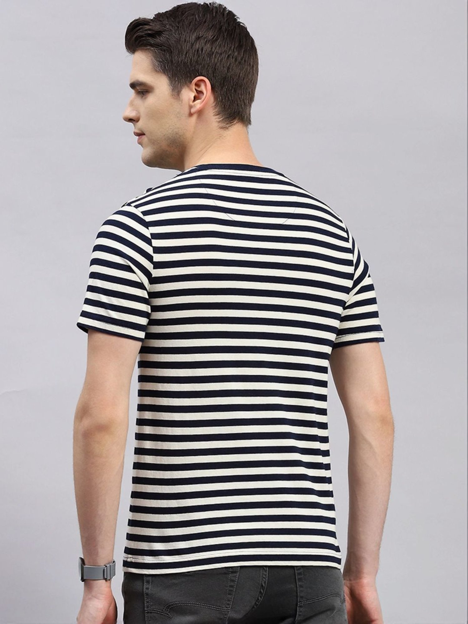 Monte Carlo Navy Blue Regular Fit Striped T-Shirt