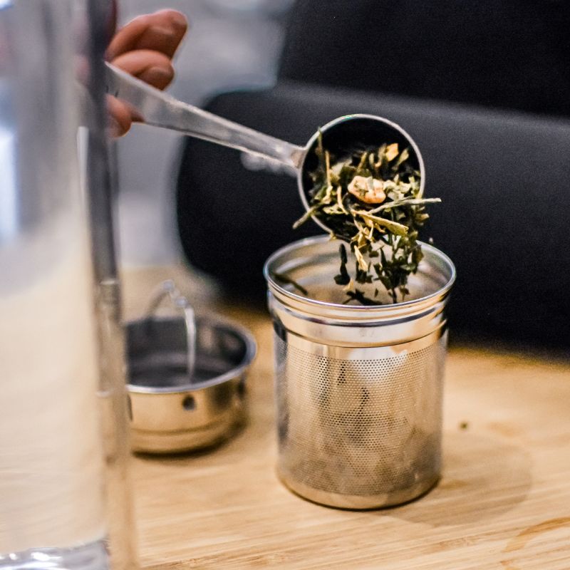 GROSCHE COPENHAGEN Double Walled Glass Tea Infuser Water Bottle, Insulated Bottle with Protective Sleeve, 14.3 fl oz. Capacity  