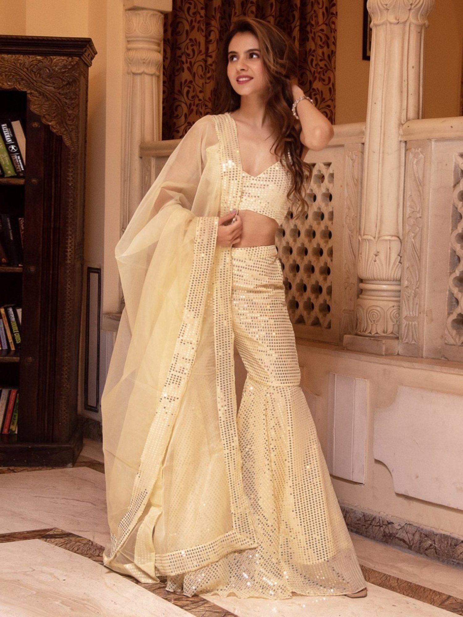 Calmna Bebo Beige Sequin Kurta Sharara Set