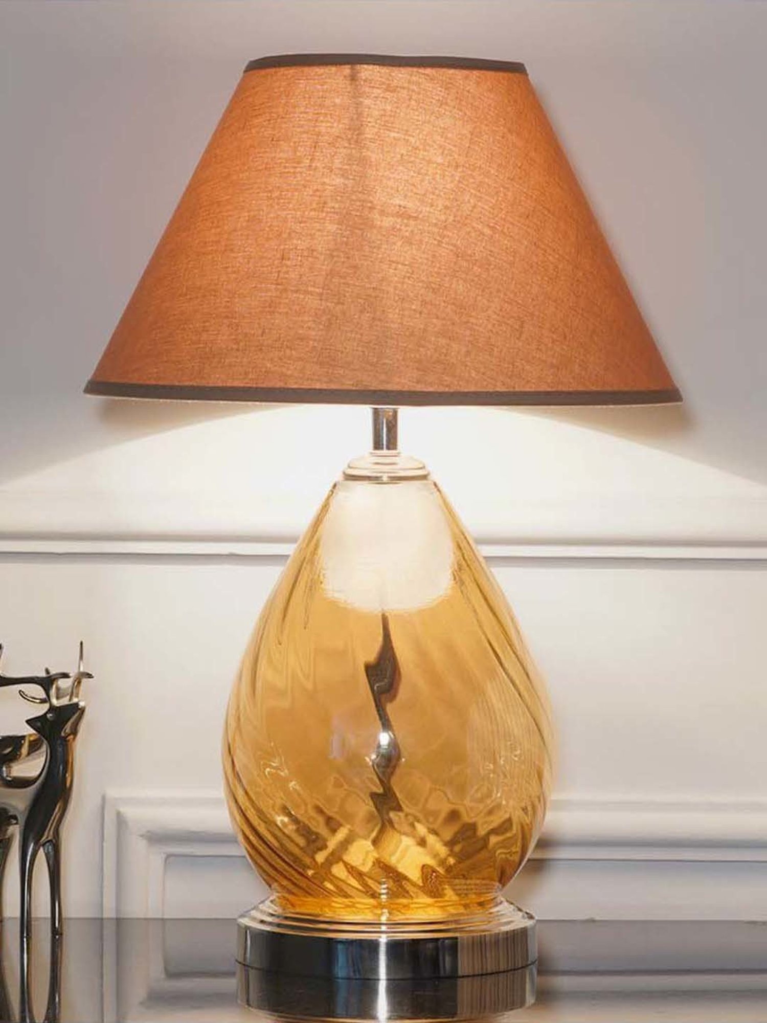 Kapoor Lamp Shades Amber & Nickel Glass Decade Table Lamp With Cotton Shade