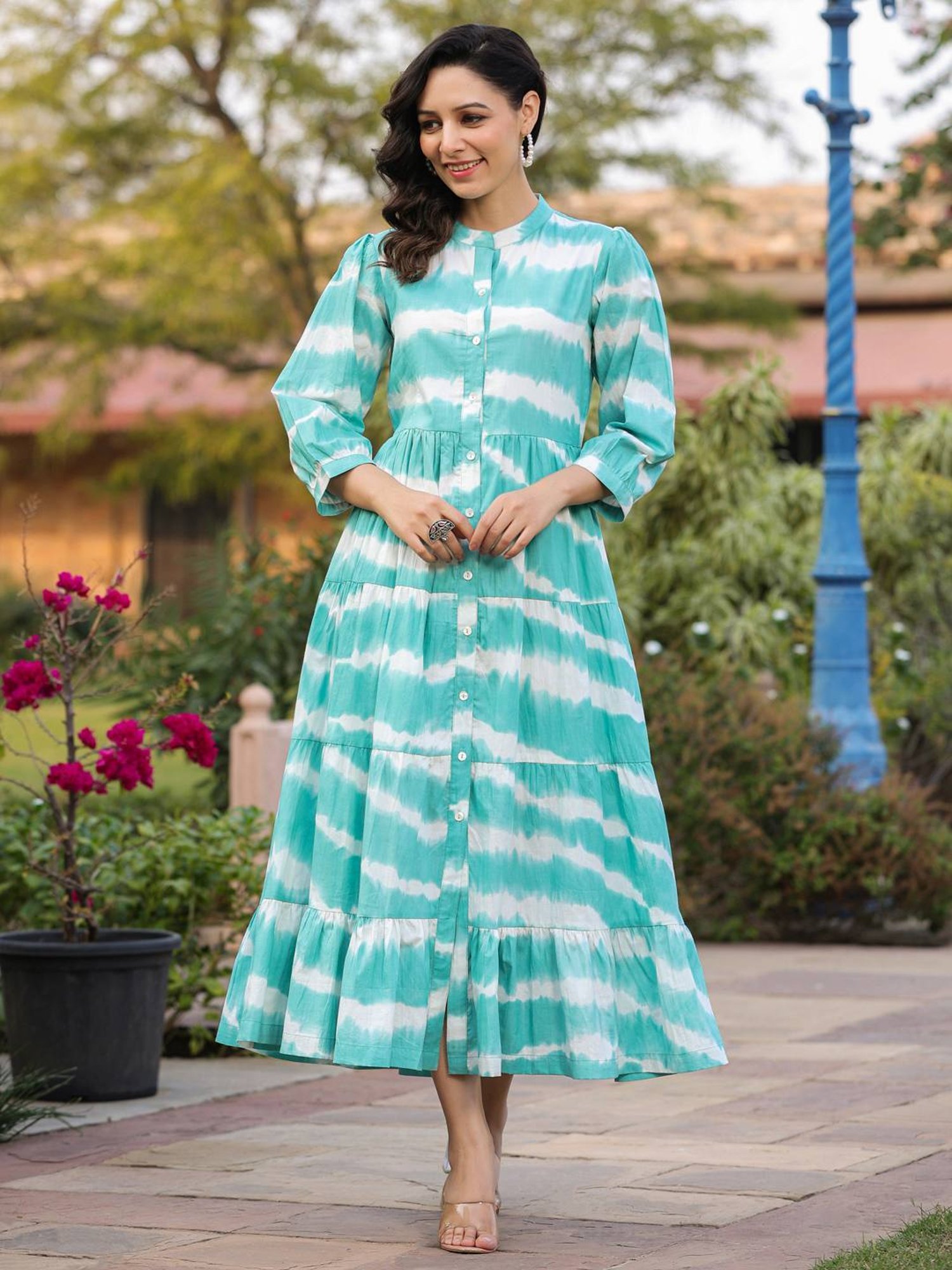 Rain and Rainbow Blue Cotton Tie & Dye A-Line Dress