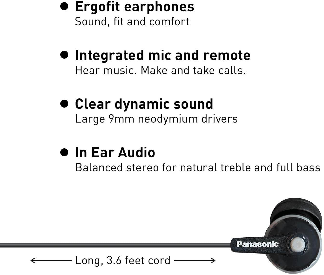 Panasonic ErgoFit Earbud Headphones with Microphone and Call Controller Compatible with iPhone, Android and Blackberry - RP-TCM125-K - In-Ear (Black), Earpads S/M/L
