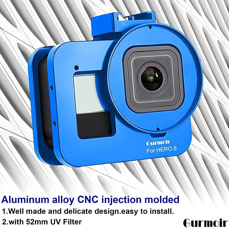 Case Aluminum Alloy Back Door Housing Frame for Gopro Hero 8 Black Action Camera Wire connectable Protective Metal Side Open Shell with 52mm UV Filterfor Gopro Hero 8 Blue
