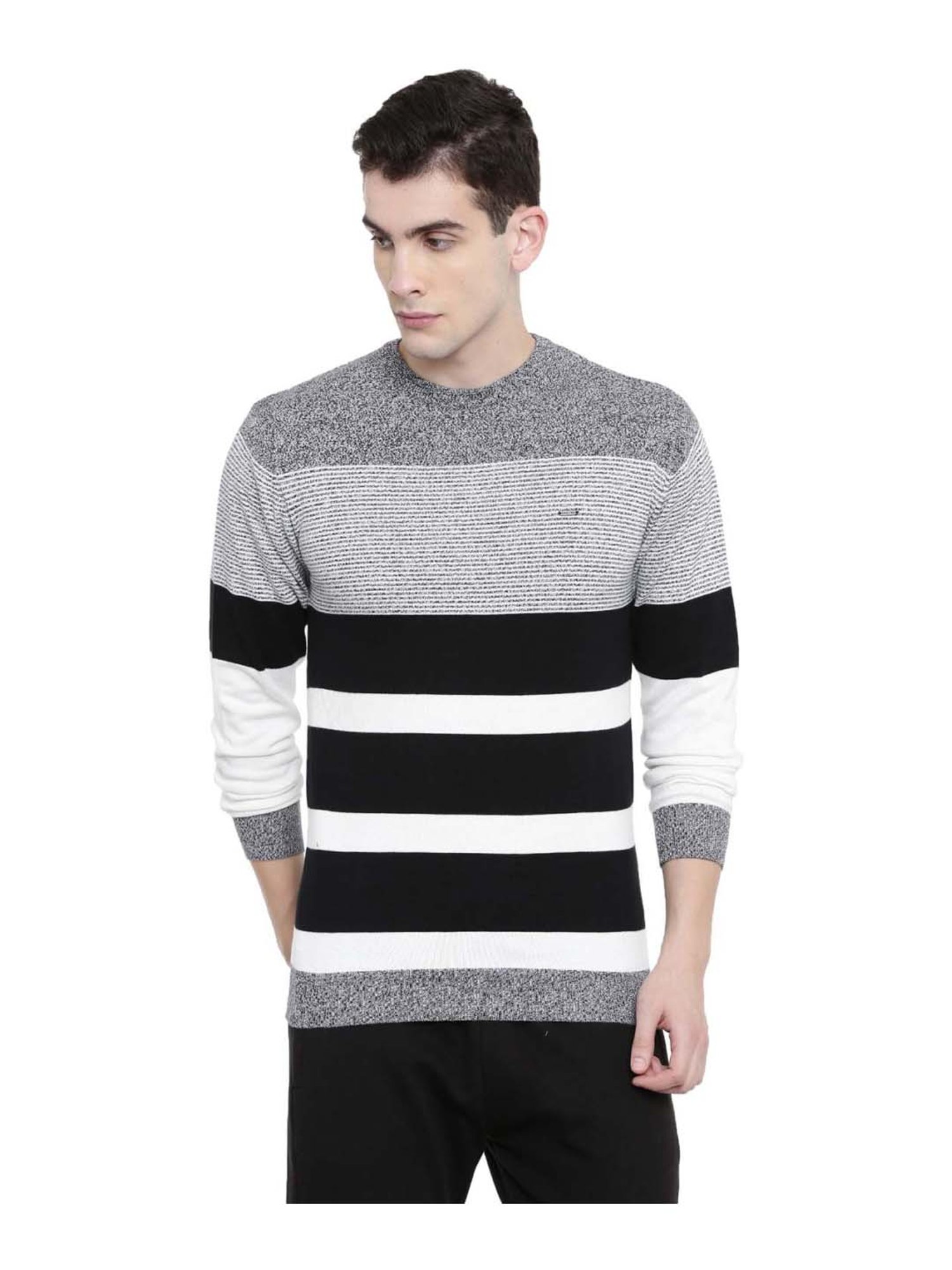 Proline Black & White Regular Fit Striped Sweater