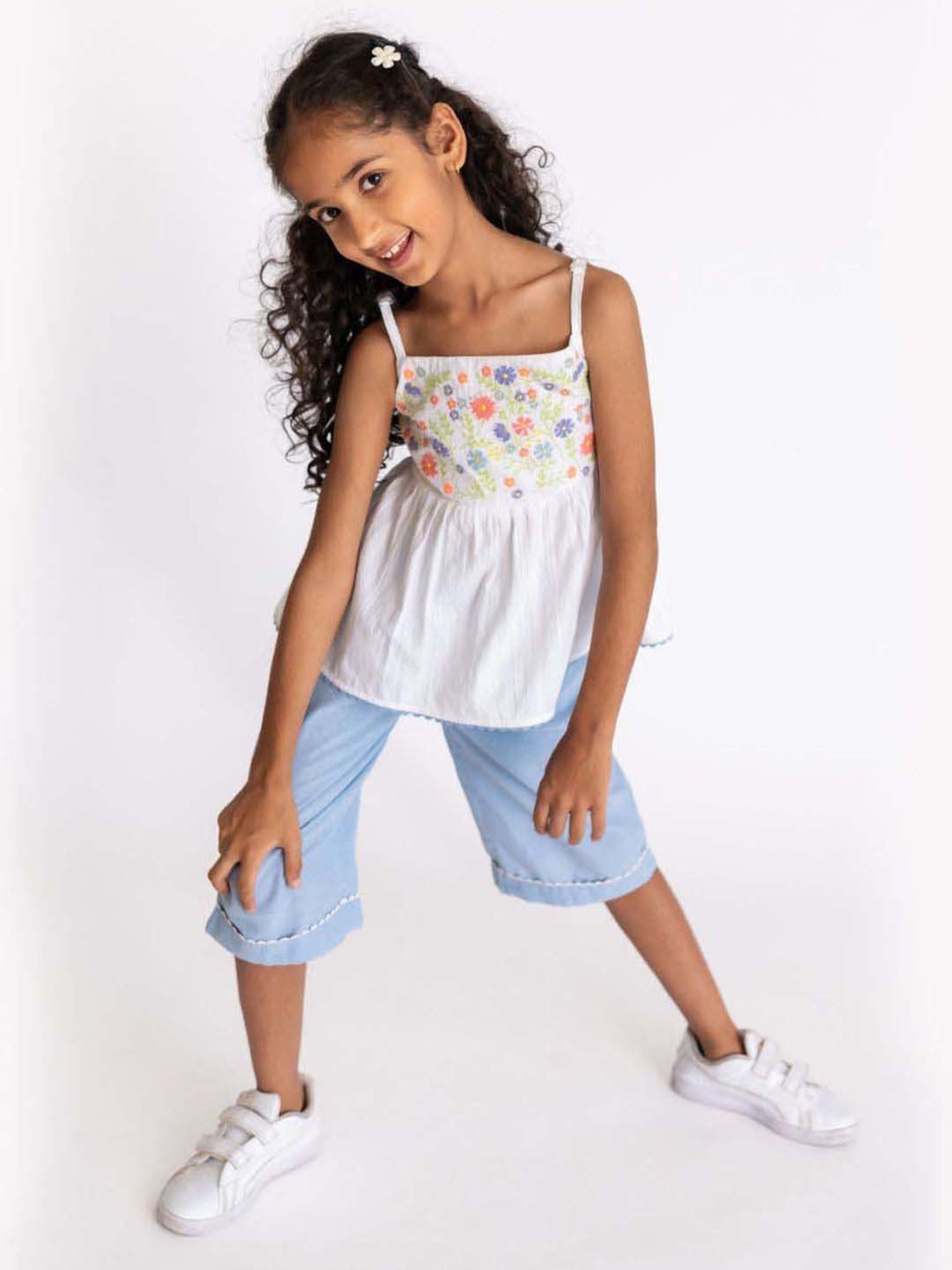 A Little Fable White & Blue Cotton Floral Print Top Set