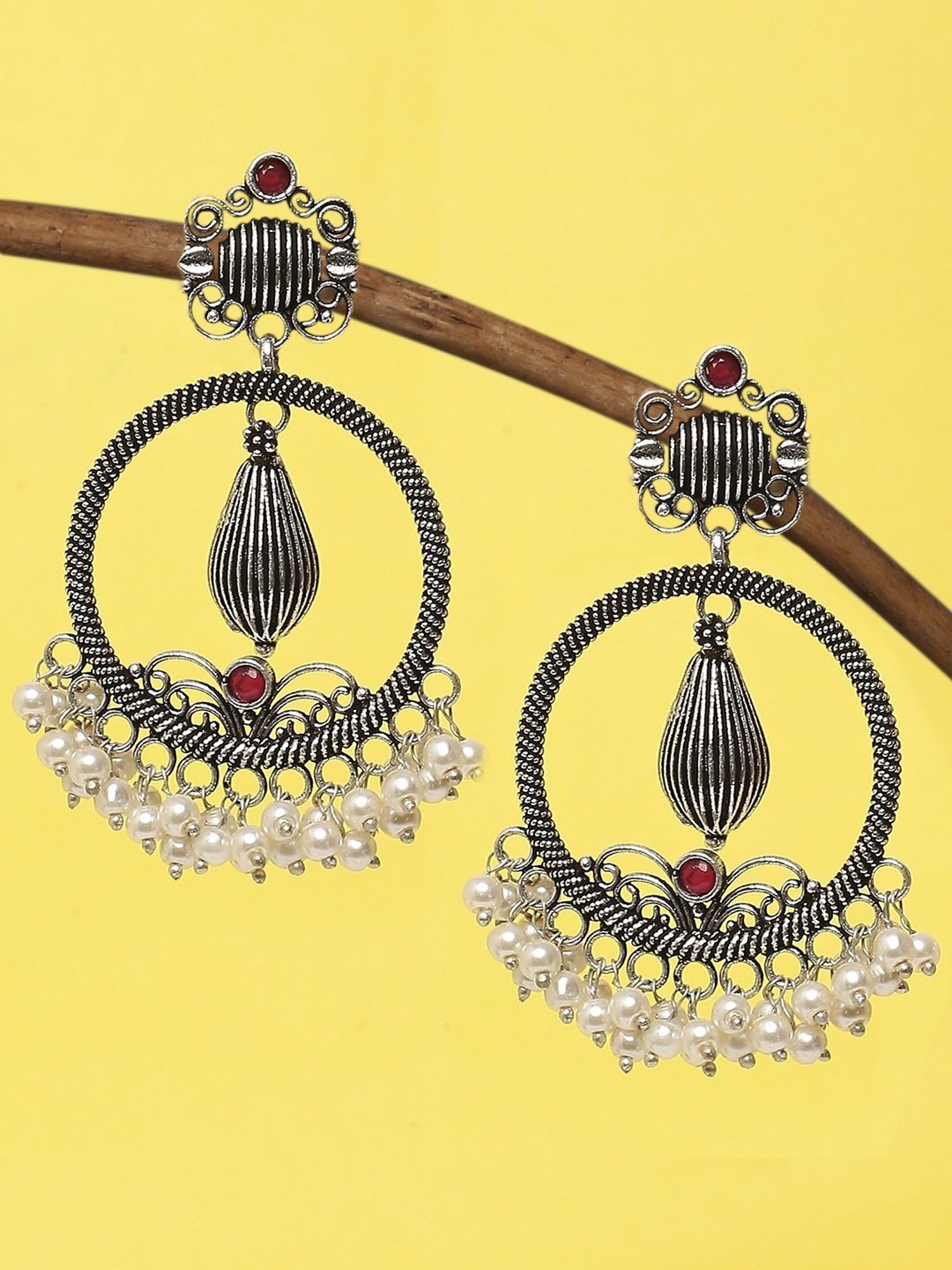 OOMPH Jewellery Oxidized Silver Look Alike Maroon Stone Round Floral Ethnic Dangler