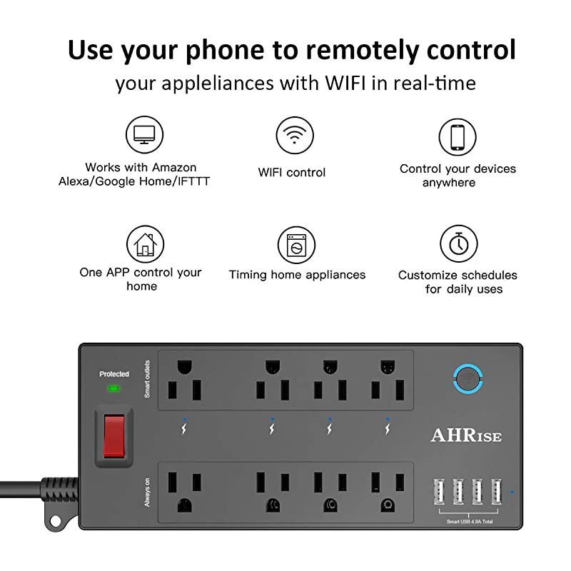 Smart Plug, Power Strip,  WiFi Surge Protector(1680 Joules with 4 Smart Outlets and 4 Always on outlets and 4 USB Ports(Smart 4.8A 24W Total), 6ft Extension Cord, 1875W/15A, Black