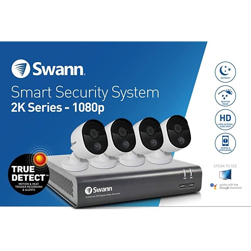 Home Security Camera System, 4 Channel 4 Bullet Cameras 1080p HD DVR Wired Surveillance, 1TB HDD, Weatherproof, Color Night Vision, Heat & Motion Sensing, Alexa + Google, SWDVK-445804V