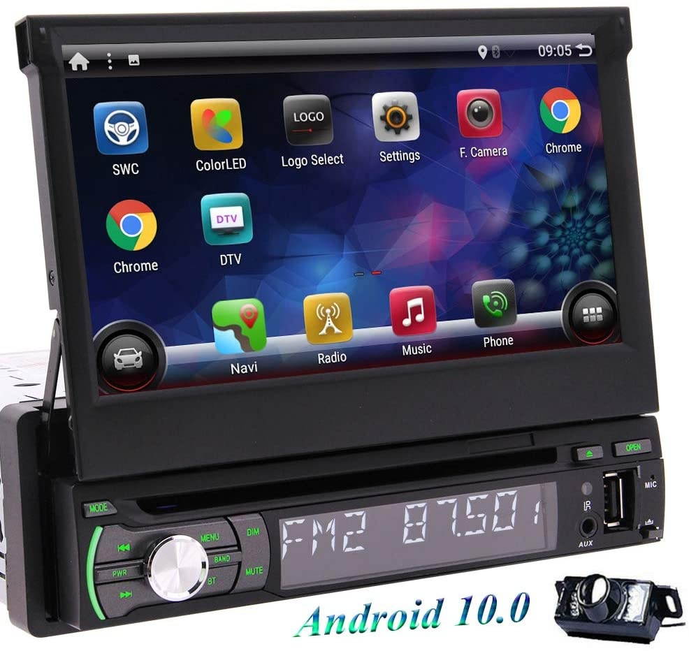 7 Inch Flip Out Touch Screen Single Din Android 10.0 Car Stereo GPS Navigation DVD Player Radio with WiFi Bluetooth AM FM Receiver Support Mirror Link Steering Wheel Controls Backup Camera SD USB OBD