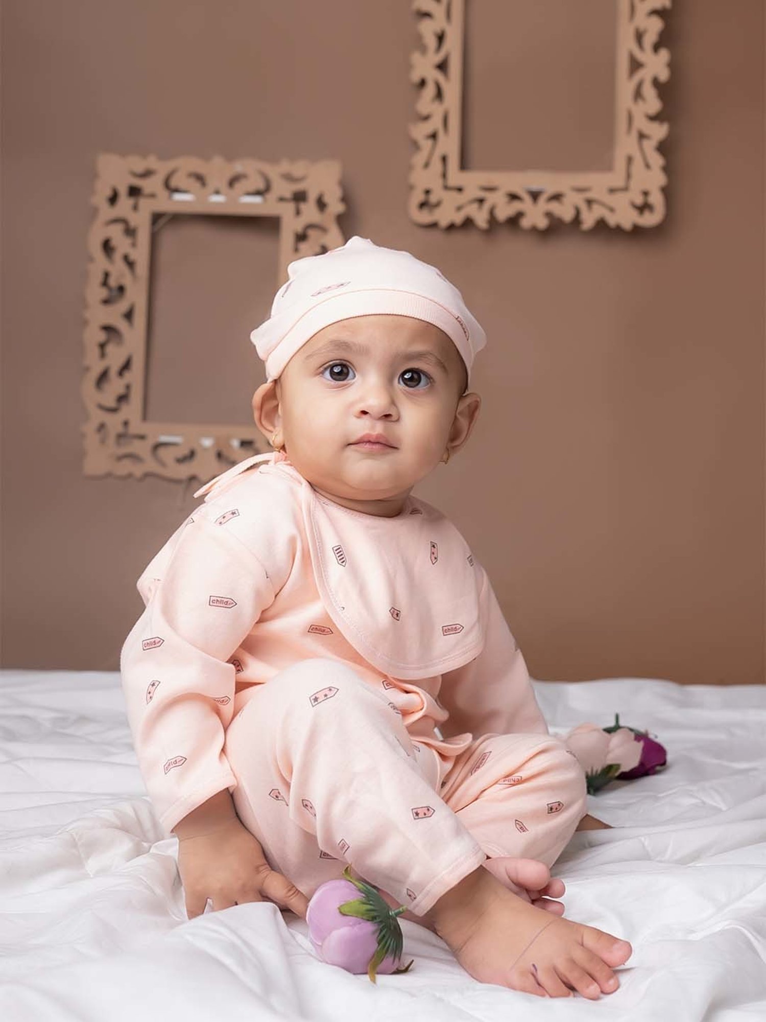 Baby Moo Kids Peach Printed Full Sleeves T-Shirt Set