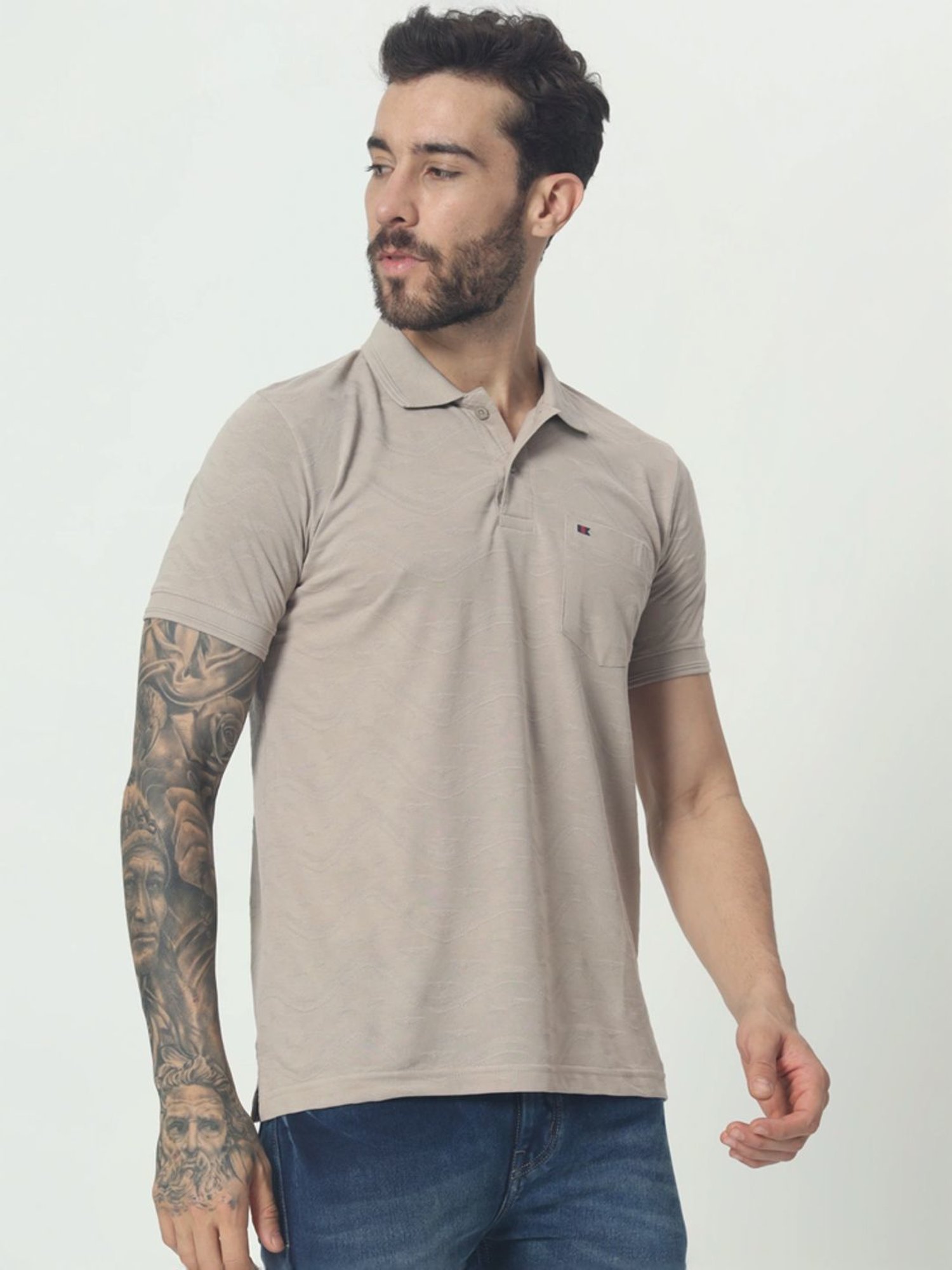 Tab91 Grey Regular Fit Self Pattern Polo T-Shirts