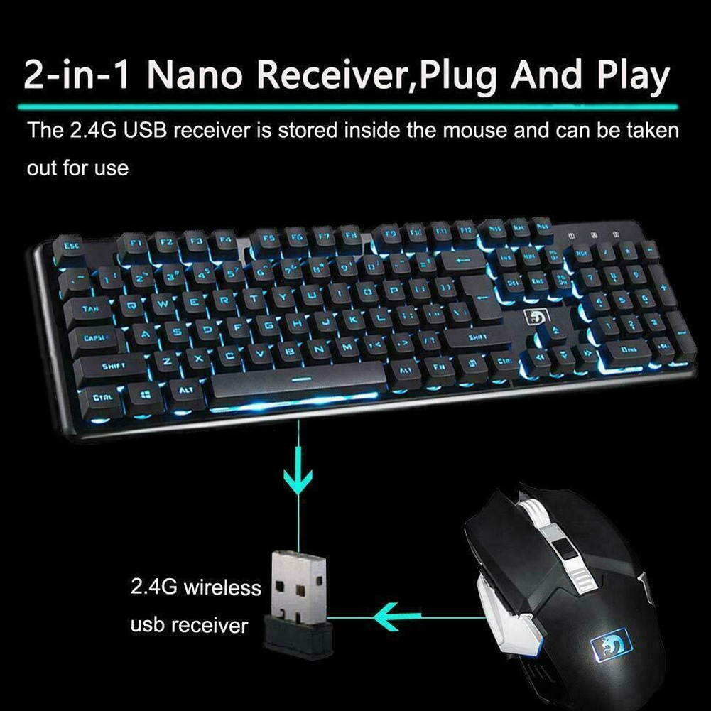 Wireless Keyboard Mouse Receiver Combo Set Backlit Rechargeable Waterproof PC Home For Xinmen (Blue)