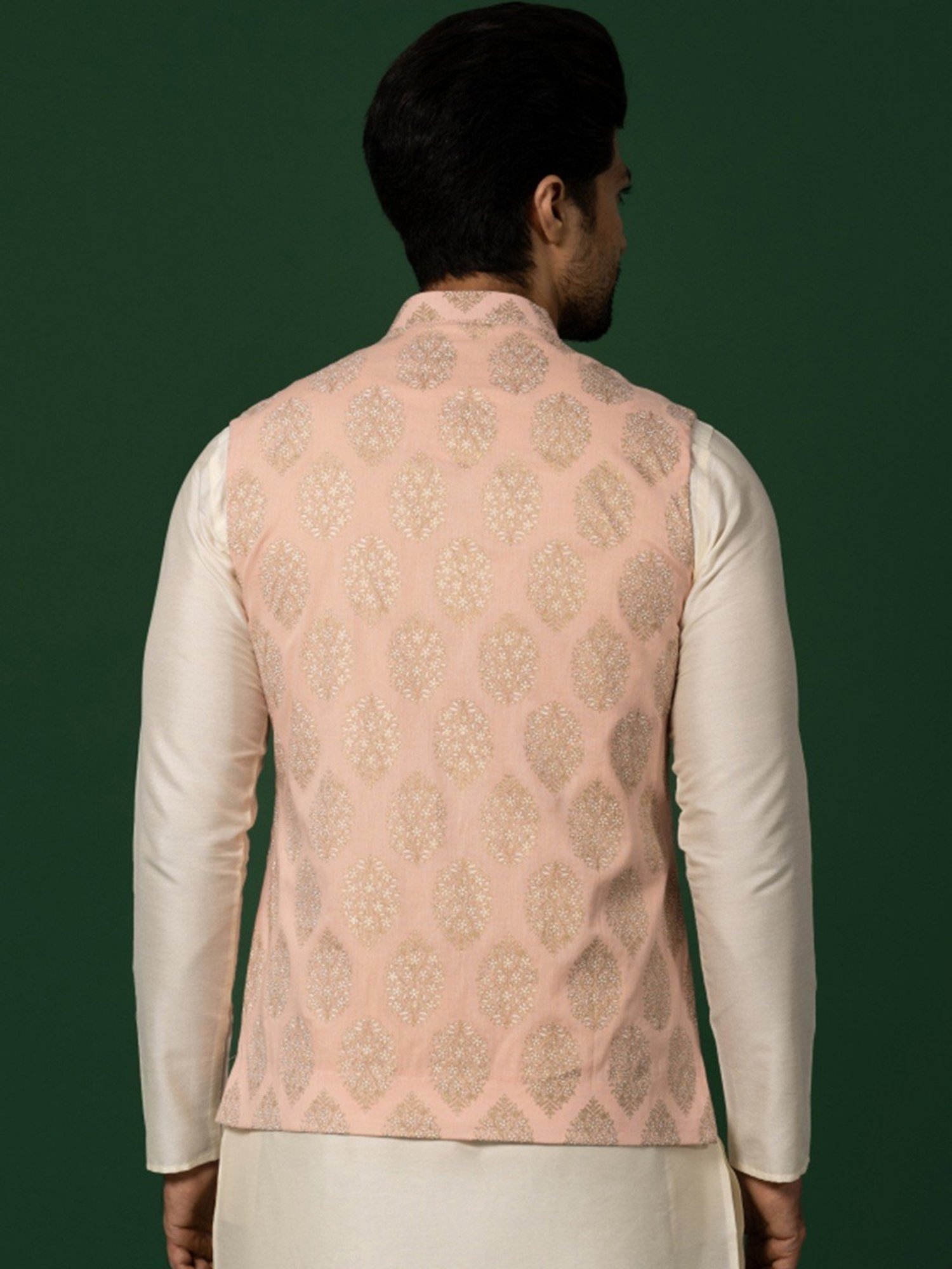 KISAH Peach Cotton Regular Fit Printed Nehru Jacket