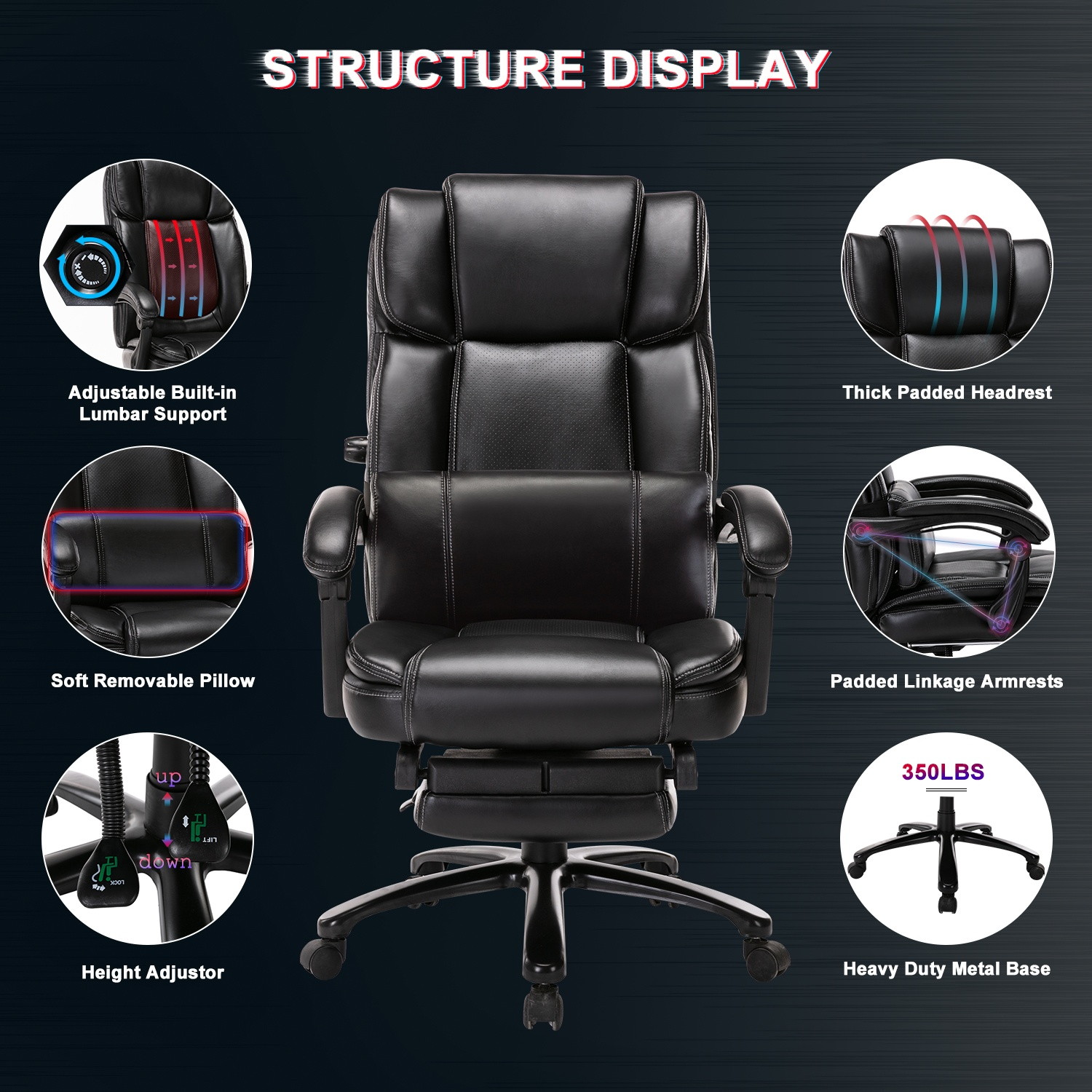 STARSPACE Big and Tall Reclining Office Chair - High Back Executive Computer Desk Chair with Adjustable Built-in Lumbar Support, Angle Recline Locking System and Footrest, Thick Padding for Comfort
