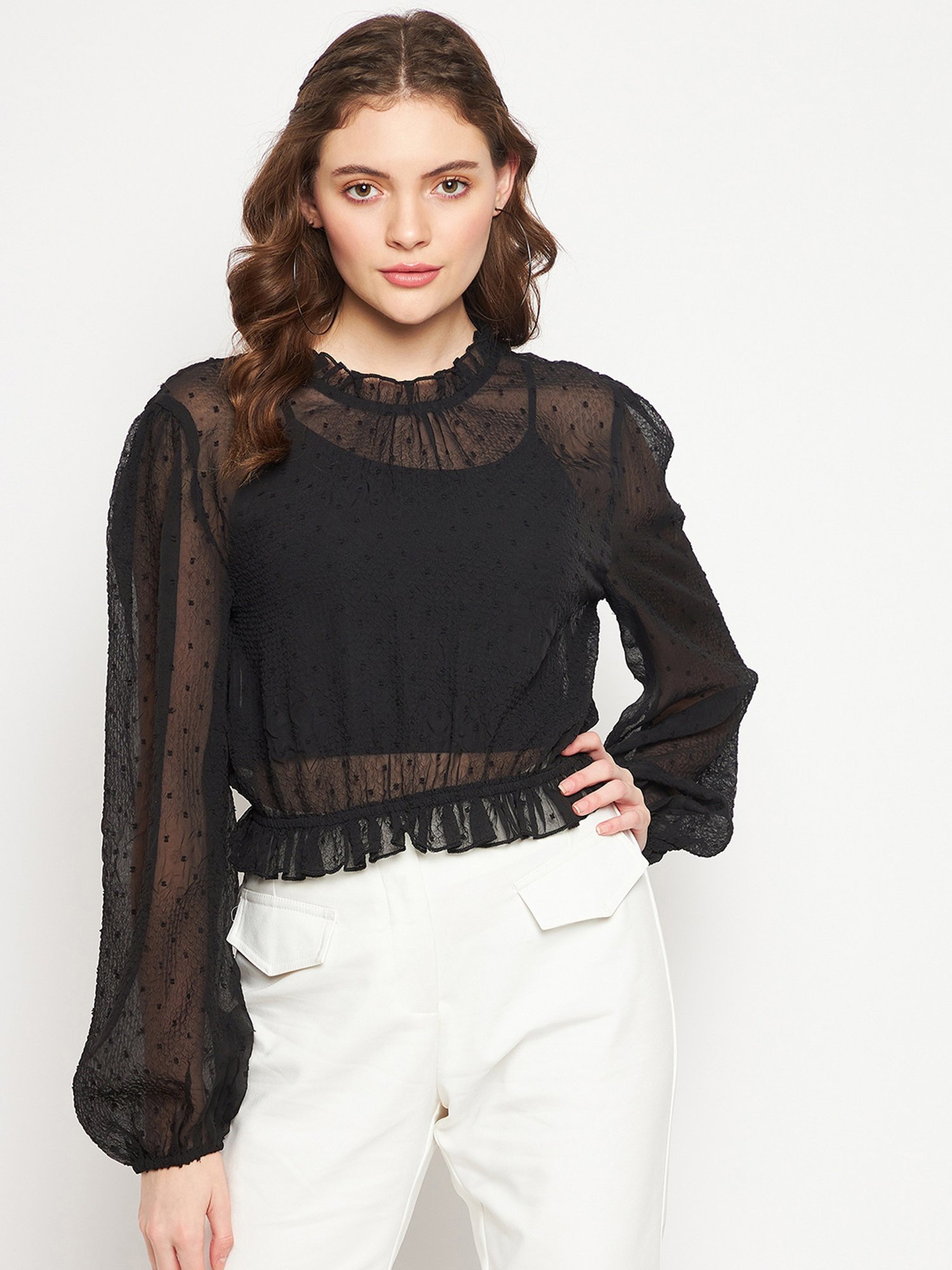 MADAME Black Self Design Crop Top