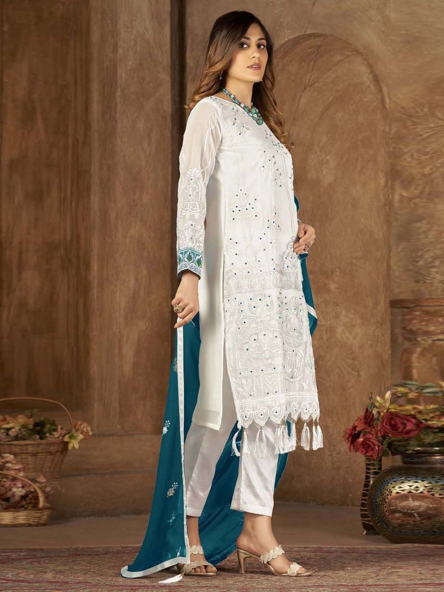 Warthy Ent White Embroidered Semi Stitched Dress Material