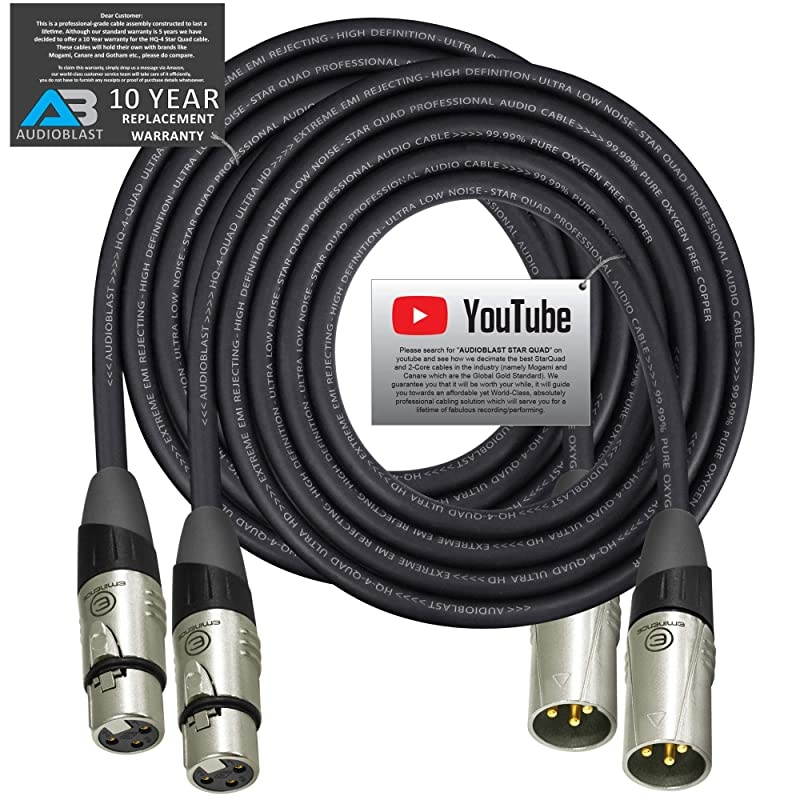 2 Units 12 Foot HQ4 Star Quad Balanced Male to Female Microphone Cables with Eminence E311 amp E312 Gold XLR Connectors UV Protected amp Road Ready