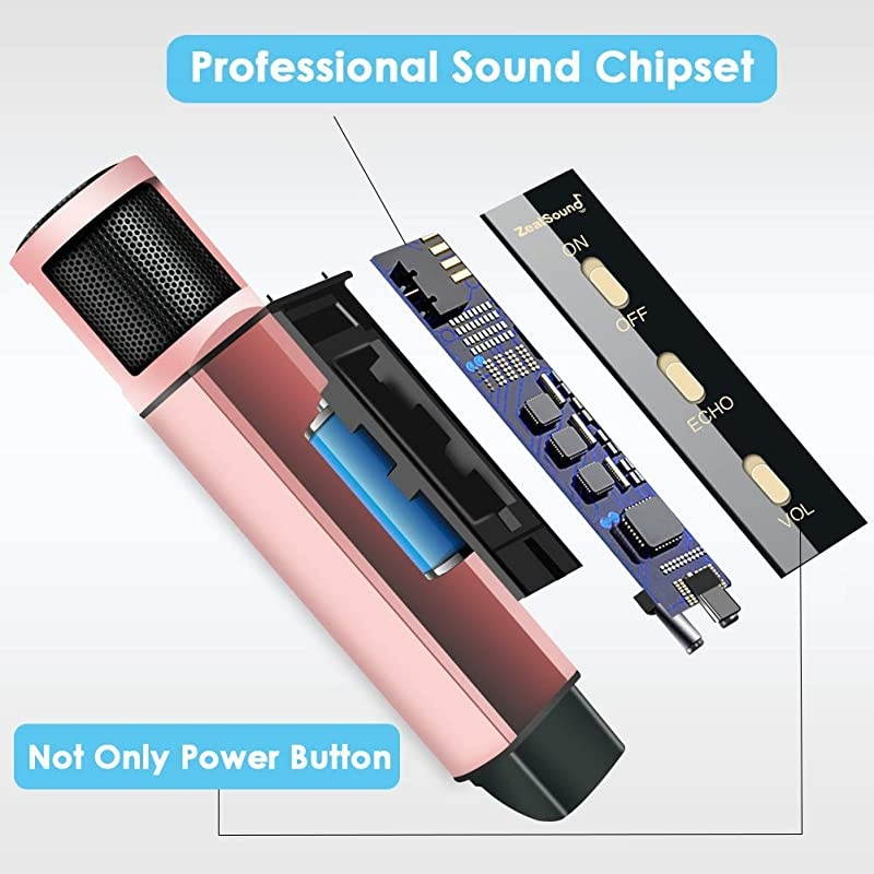 Studio Microphone  Condenser Recording Broadcasting Microphone With Stand Builtin Sound Card Echo Recording Karaoke Singing for Phone PC Garageband Smule Live Stream YouTube Rose Gold
