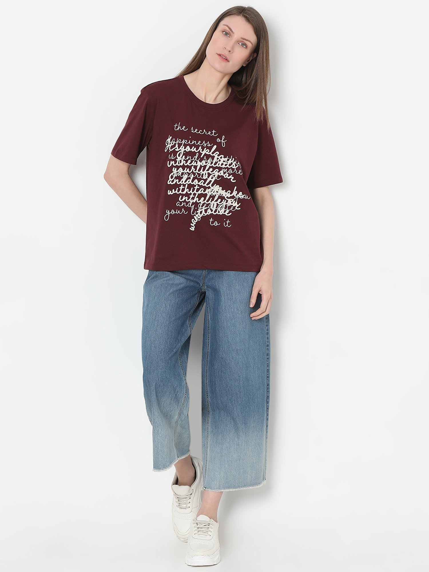 Vero Moda Wine Cotton Embroidered T-Shirt