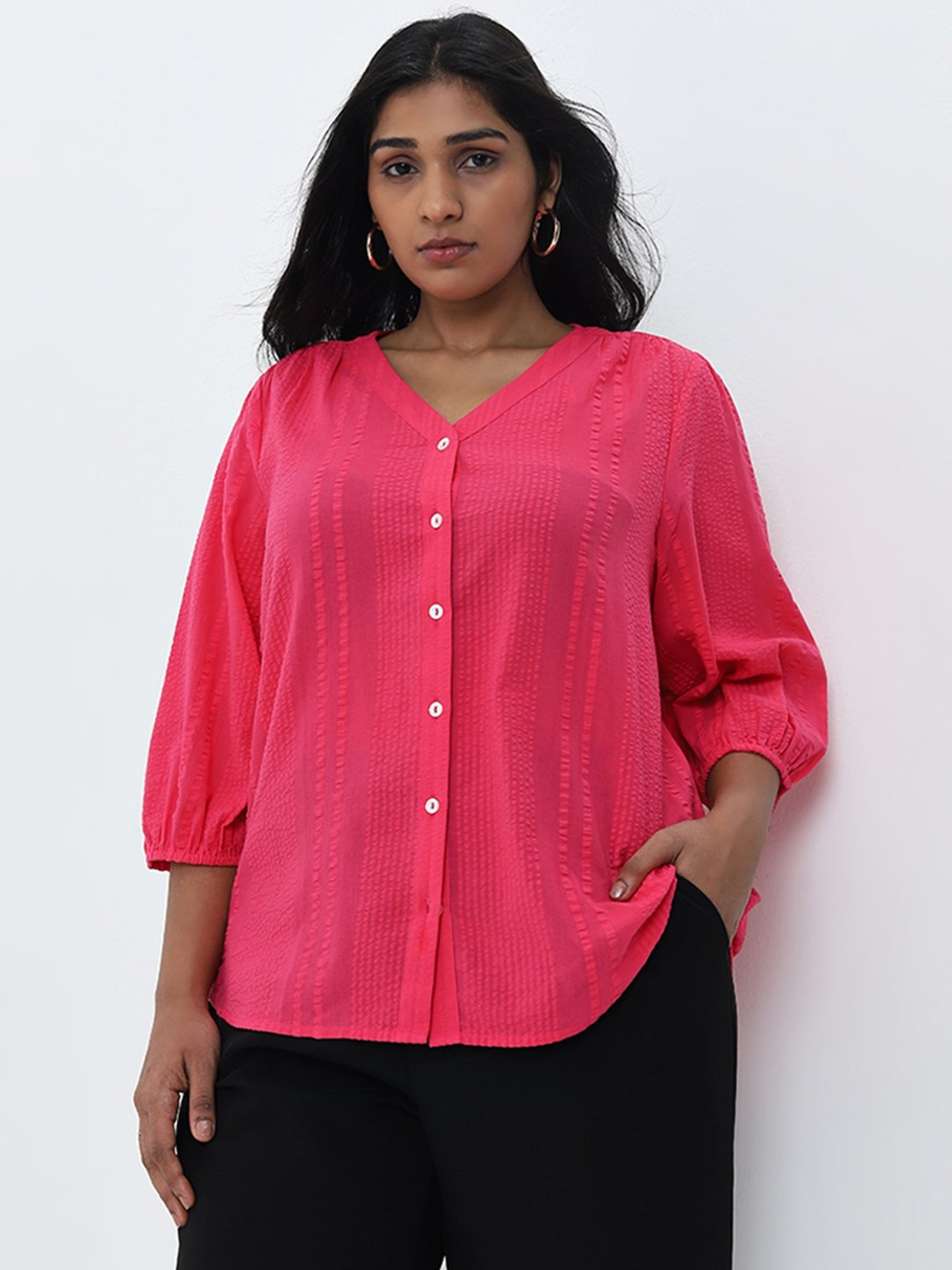 Gia by Westside Fuchsia Striped Seersucker Textured Blouse