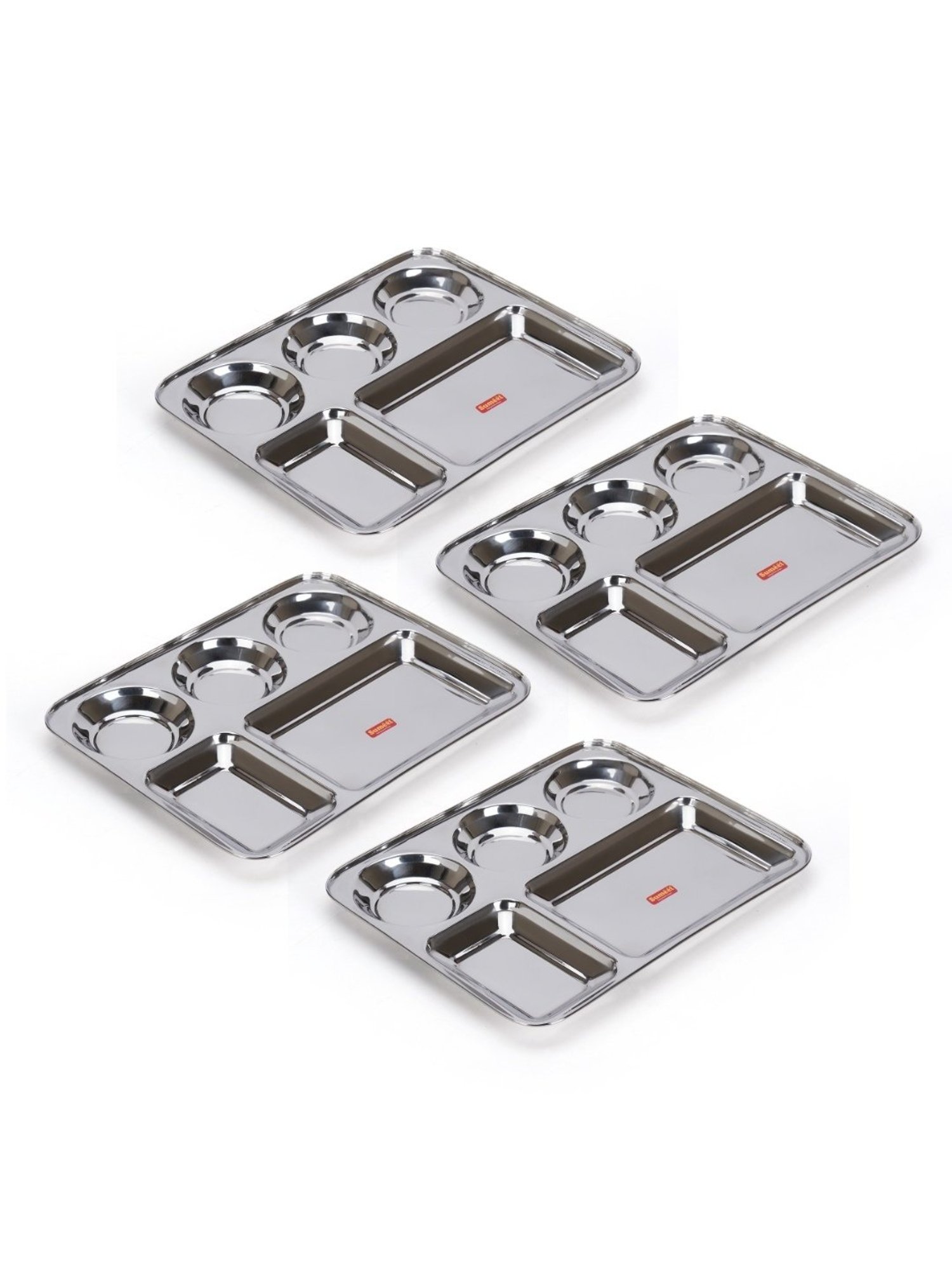 Sumeet S.S. Rectangular 5 in 1 Compartment Lunch/Dinner Plate Set of 4Pcs, 33.5cm Dia, Silver