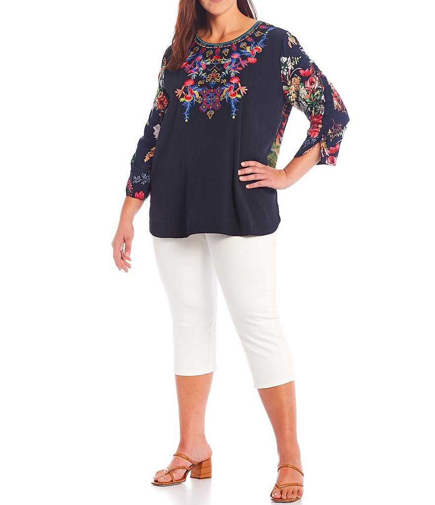 Calessa Plus Size Floral Printed Bracelet 3/4 Sleeve Jewel Neck Embroidered Crinkle Blouse