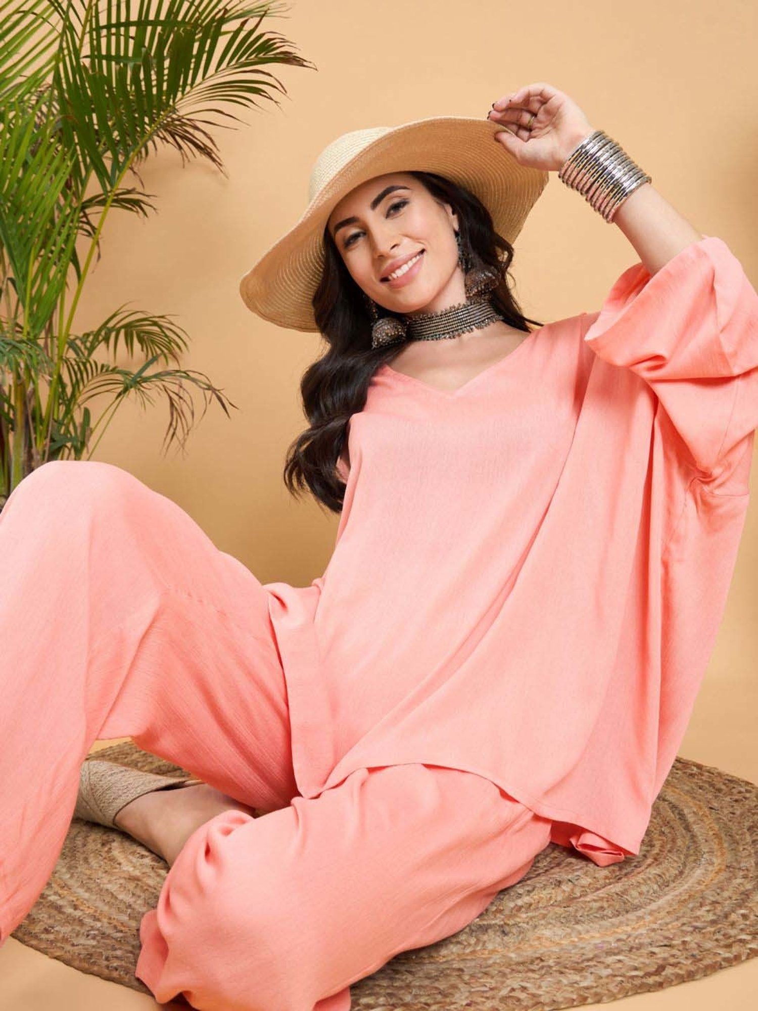 Inweave Peach Regular Fit Kaftan & Palazzo Set