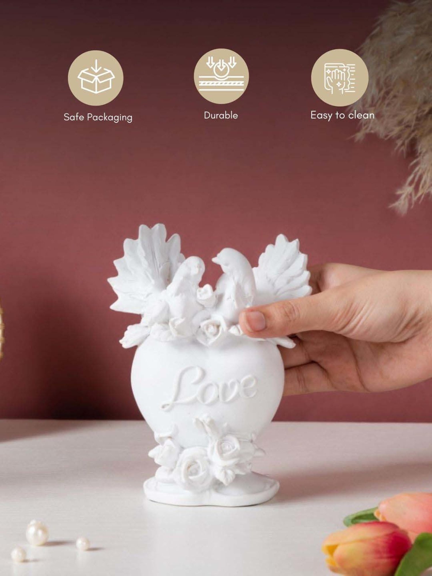 Nestasia Vintage White Resin Made Matte Finish Dove Birds Couple Decor Showpiece For Gifting 5.7"