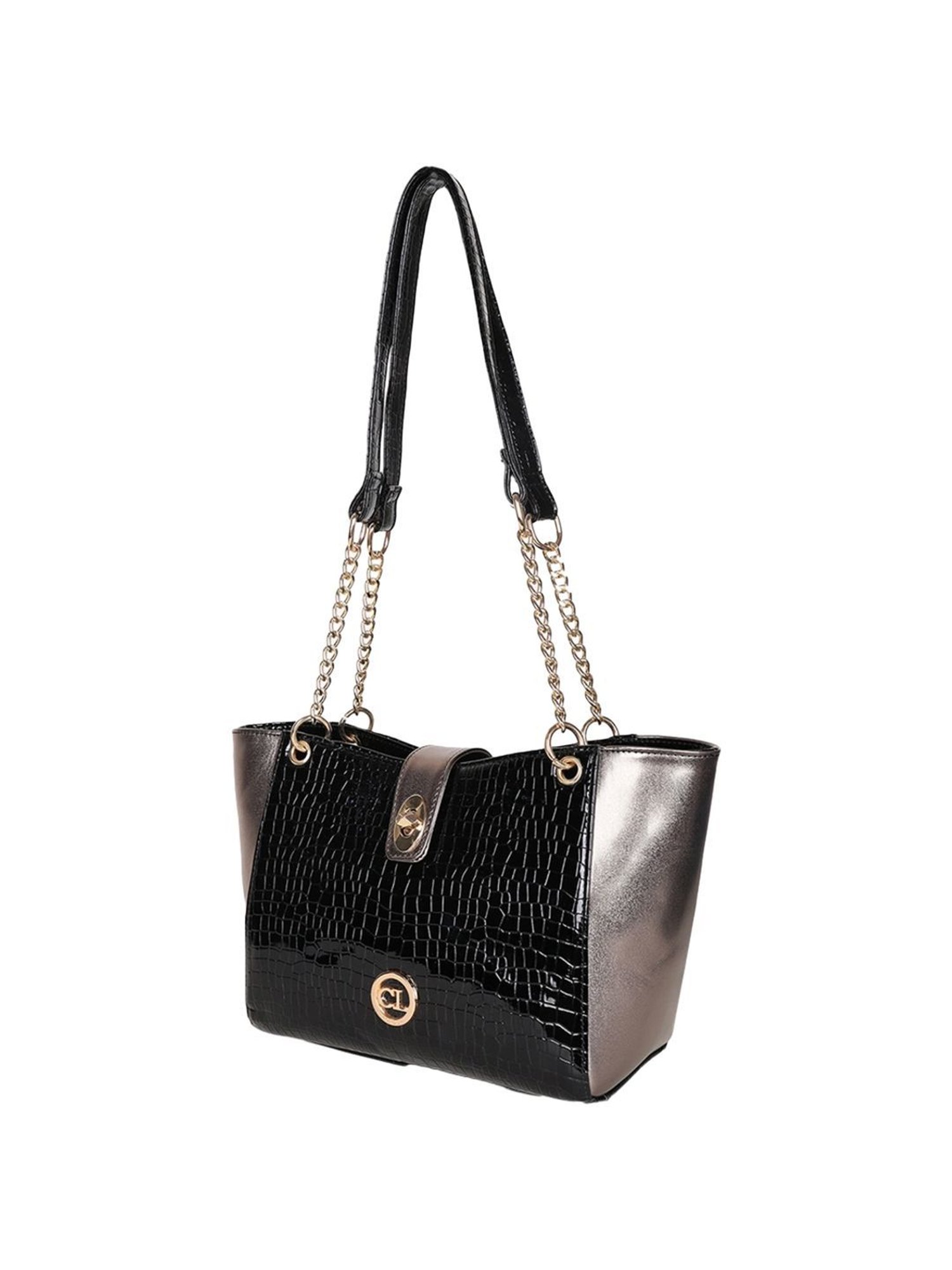 Carlton London Black Textured Medium Shoulder Handbag