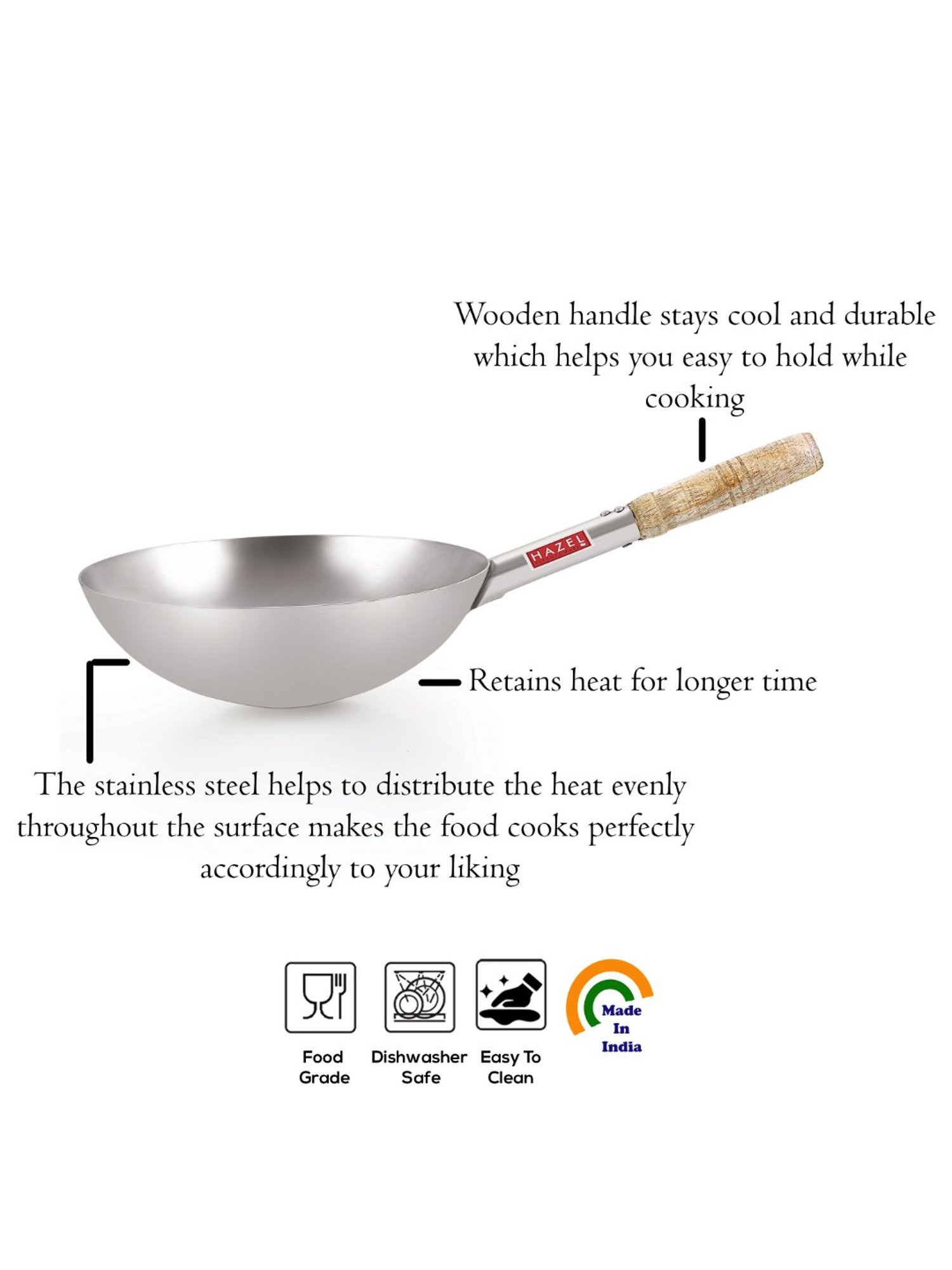 HAZEL Silver & Brown Stainless Steel Gas Compatibile 25.5 cm Kadhai with Handle(1.9 L) - Set of 1