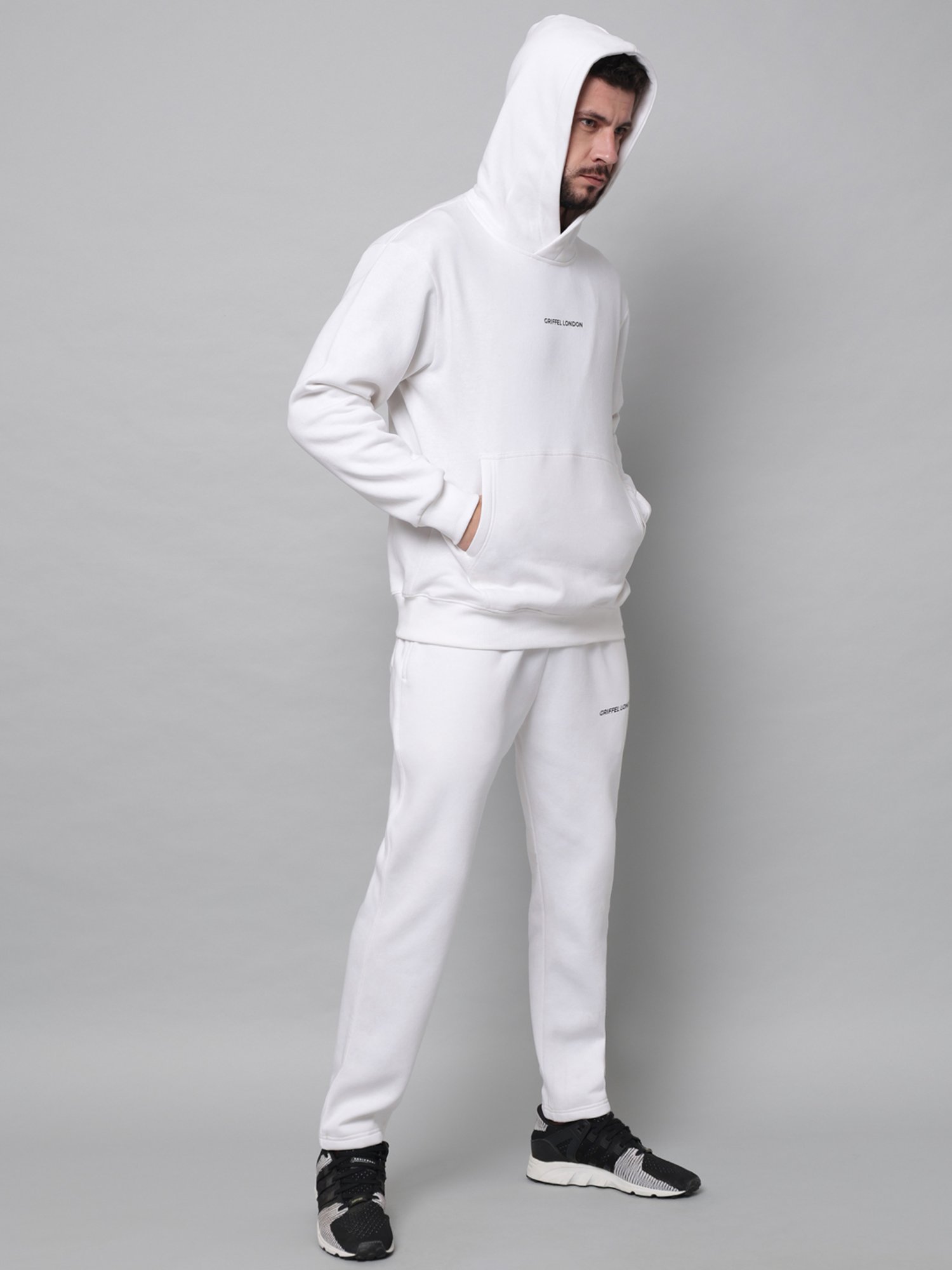 GRIFFEL White Regular Fit Logo Print Hooded Sweatshirt & Trackpants Set