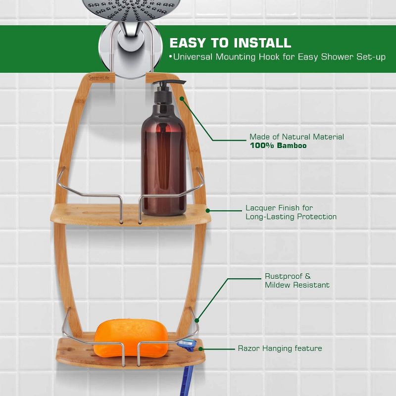 SereneLife SLSHCD45 2 Tier Natural Bamboo Stainless Steel Shower Caddy Bathroom Organizer with 2 Self Draining Shelves and Mounting Hook (2 Pack)