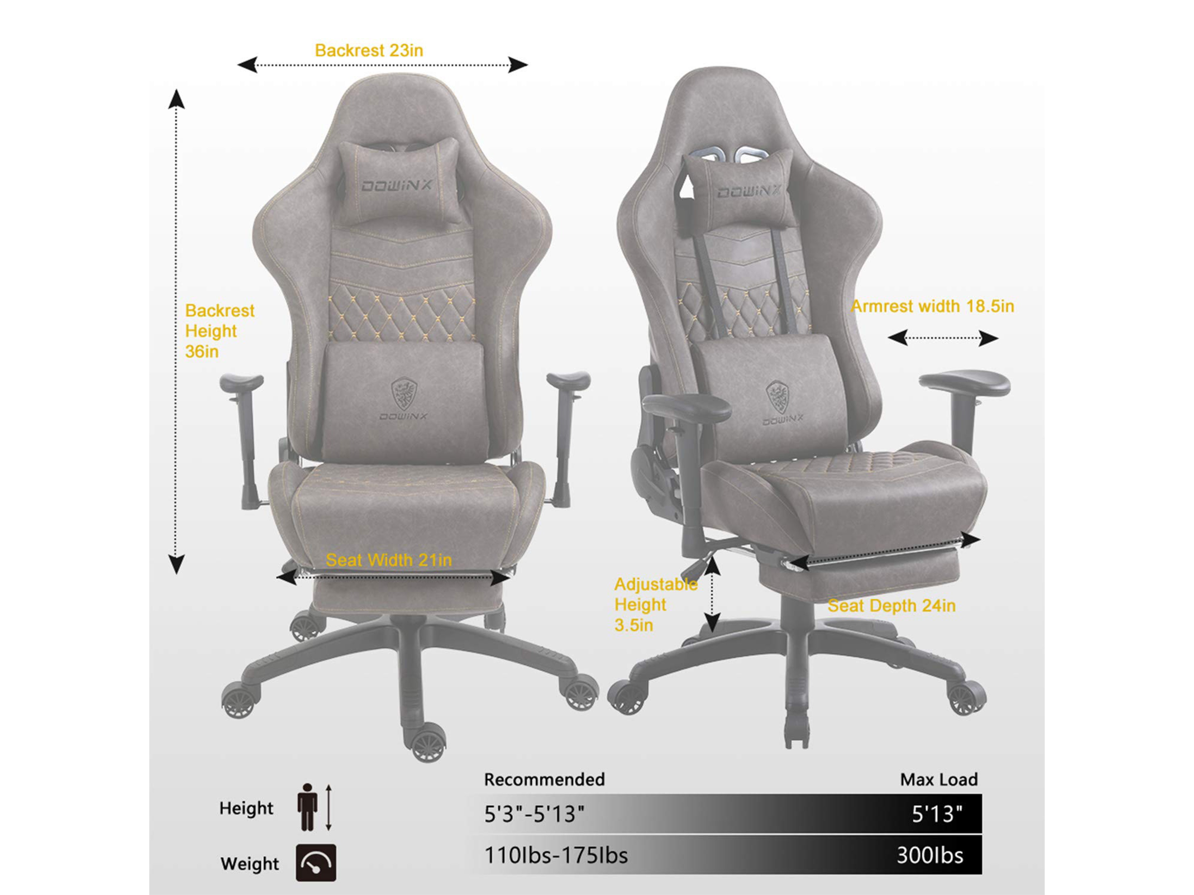 Dowinx Gaming Chair Ergonomic Retro Style Recliner with Massage Lumbar Support Office Armchair for Computer PU Leather with Retractable Footrest Grey