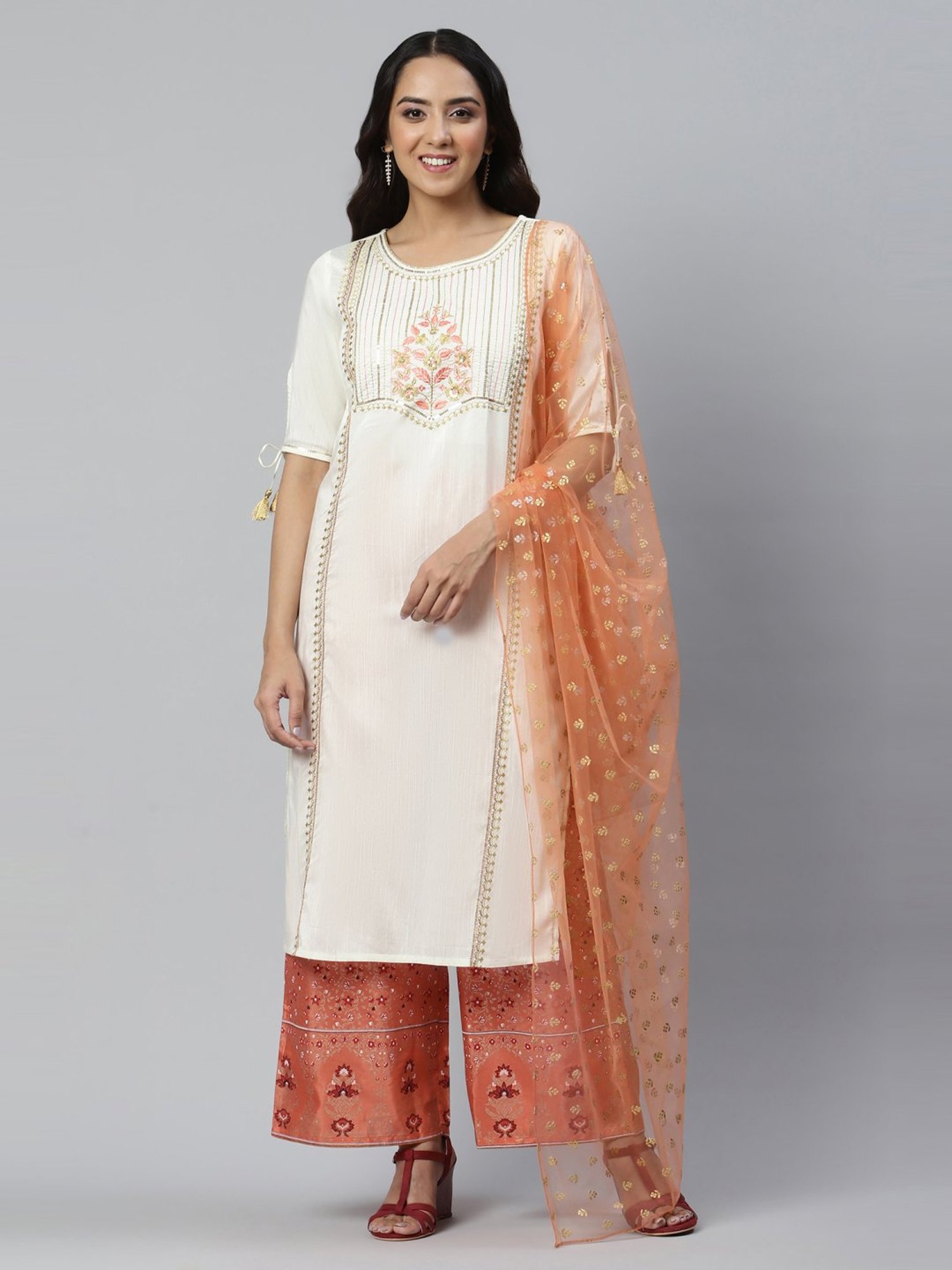 Aurelia Women White Solid Viscose Kurta Set with Palazzo & Dupatta