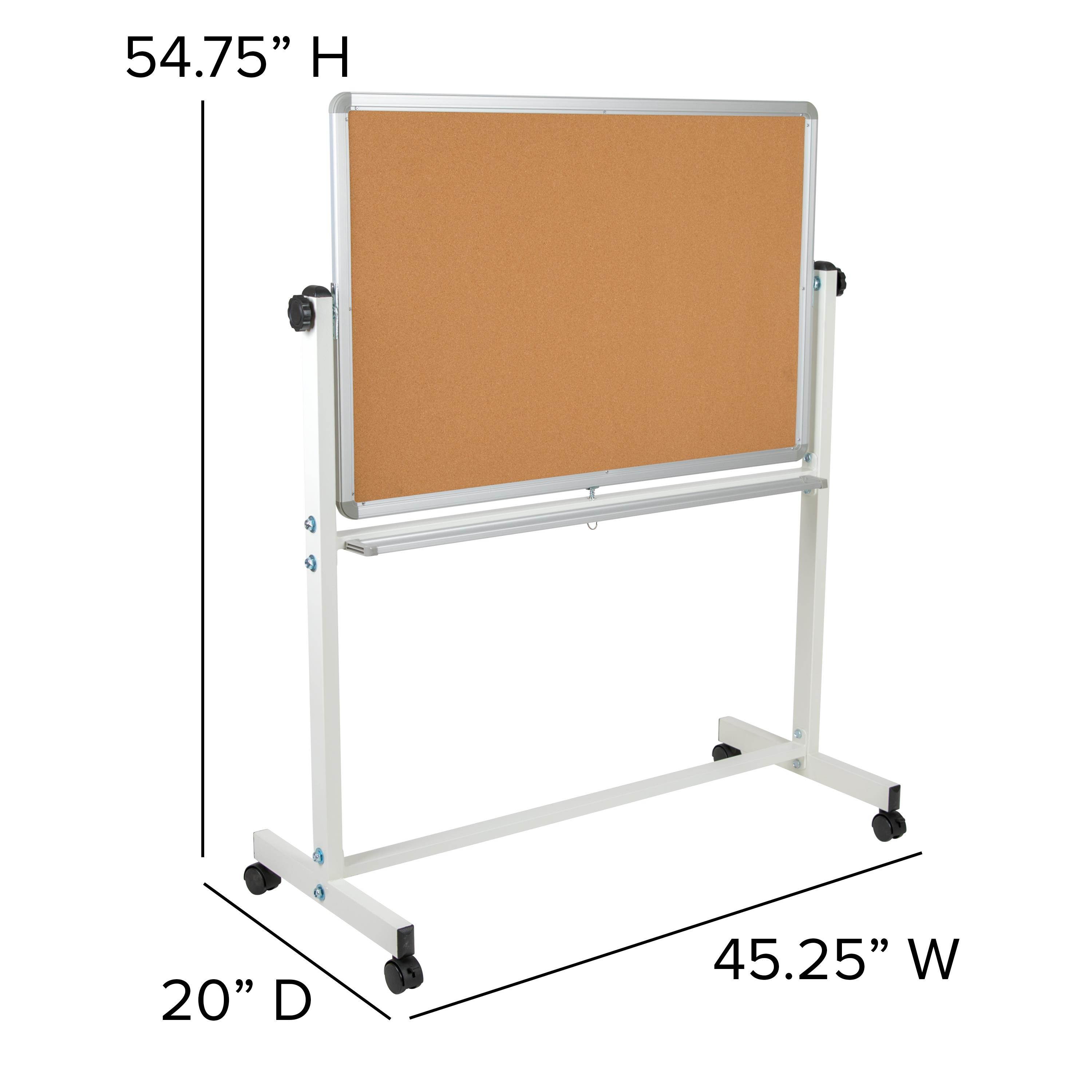 HERCULES Series 45.25"W x 54.75"H Reversible Mobile Cork Bulletin Board and White Board with Pen Tray