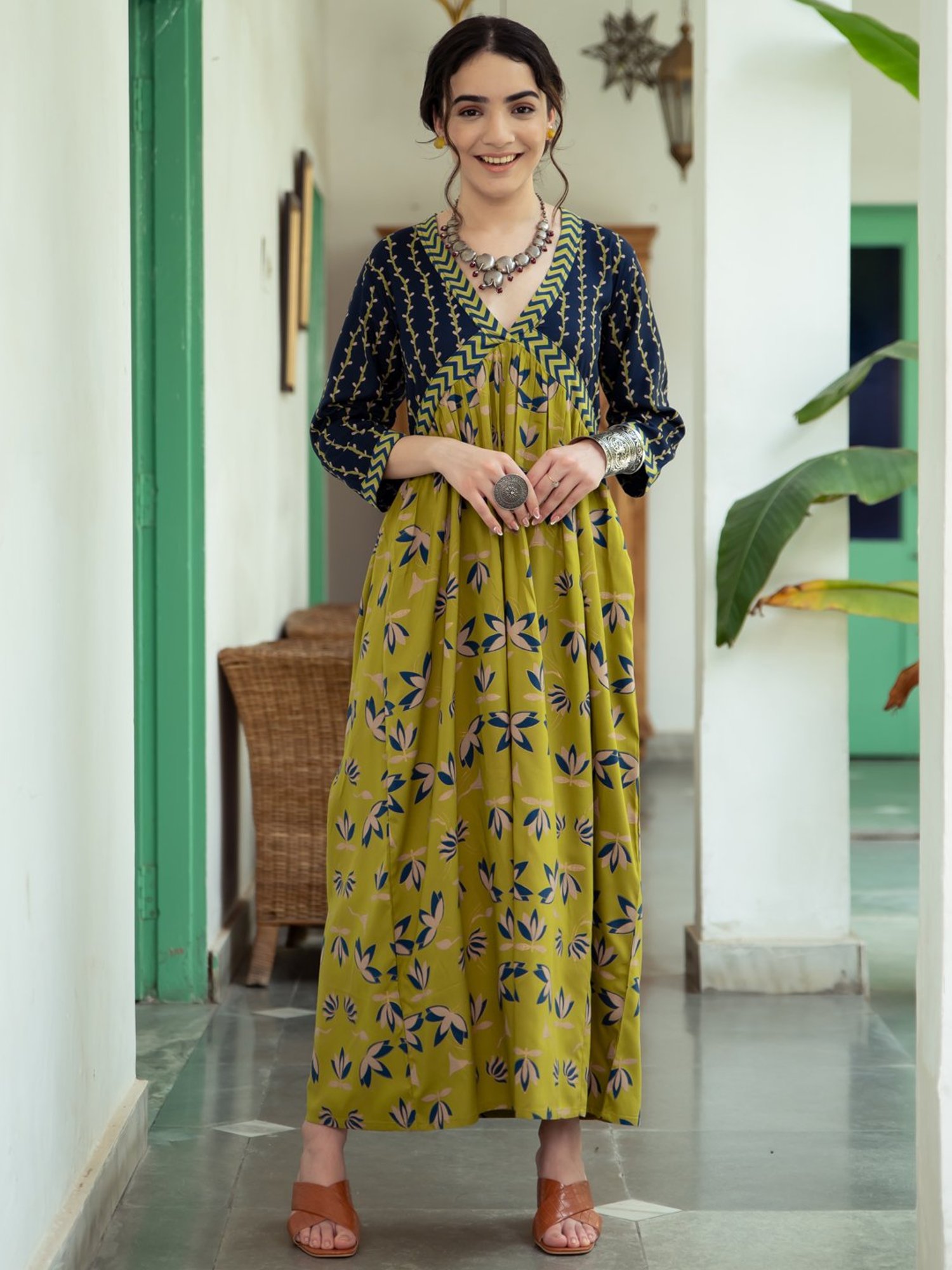 Rustorange Green & Navy Printed Maxi Dress