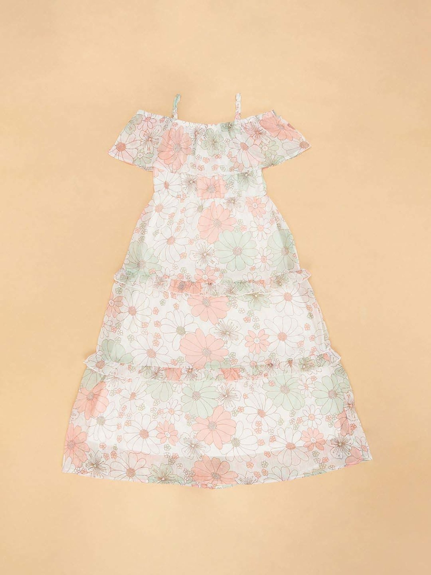 Pantaloons Junior Off-White & Pink Cotton Floral Print Dress