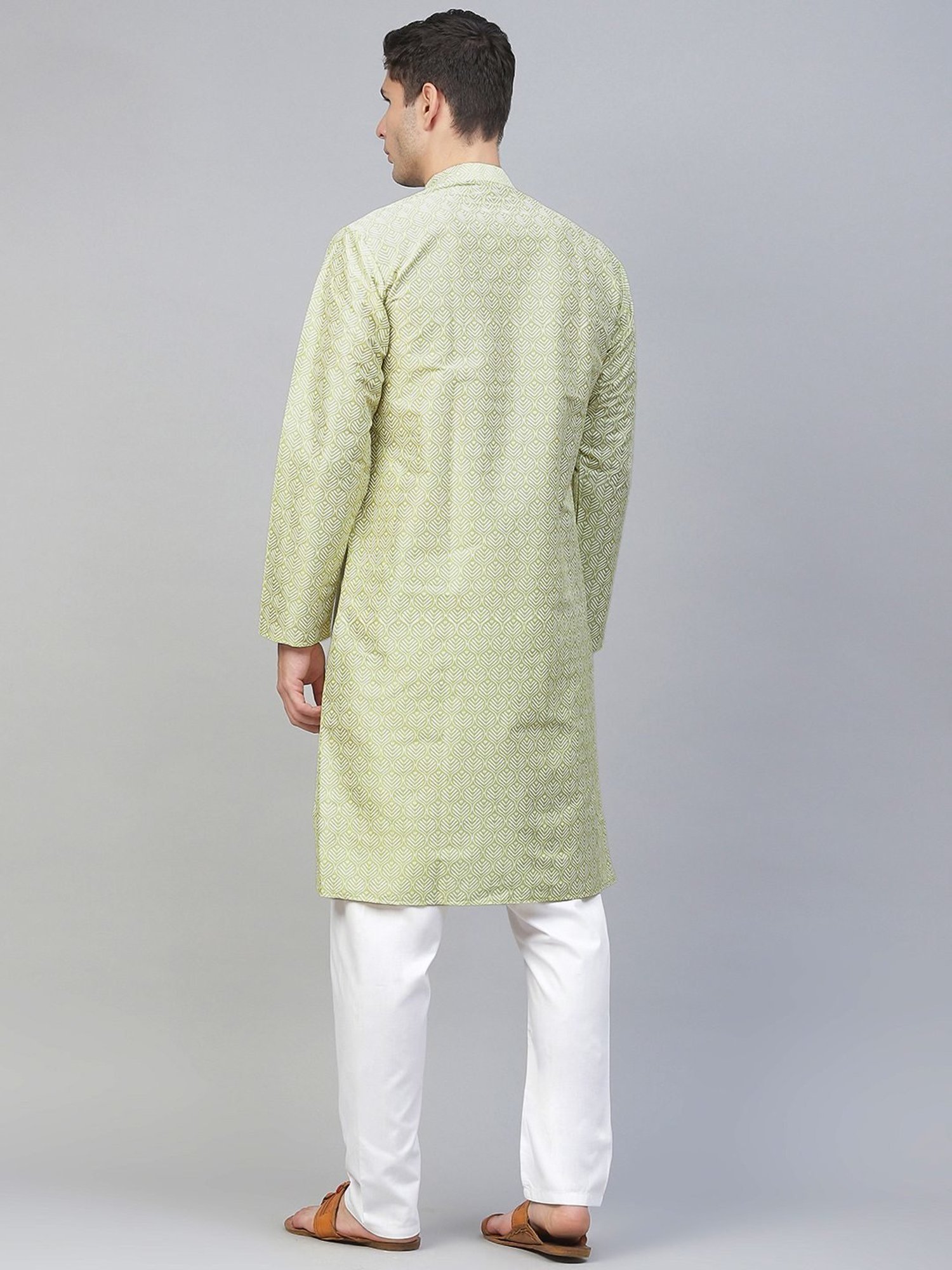 ManQ Green & White Regular Fit Printed Kurta Bottom Set