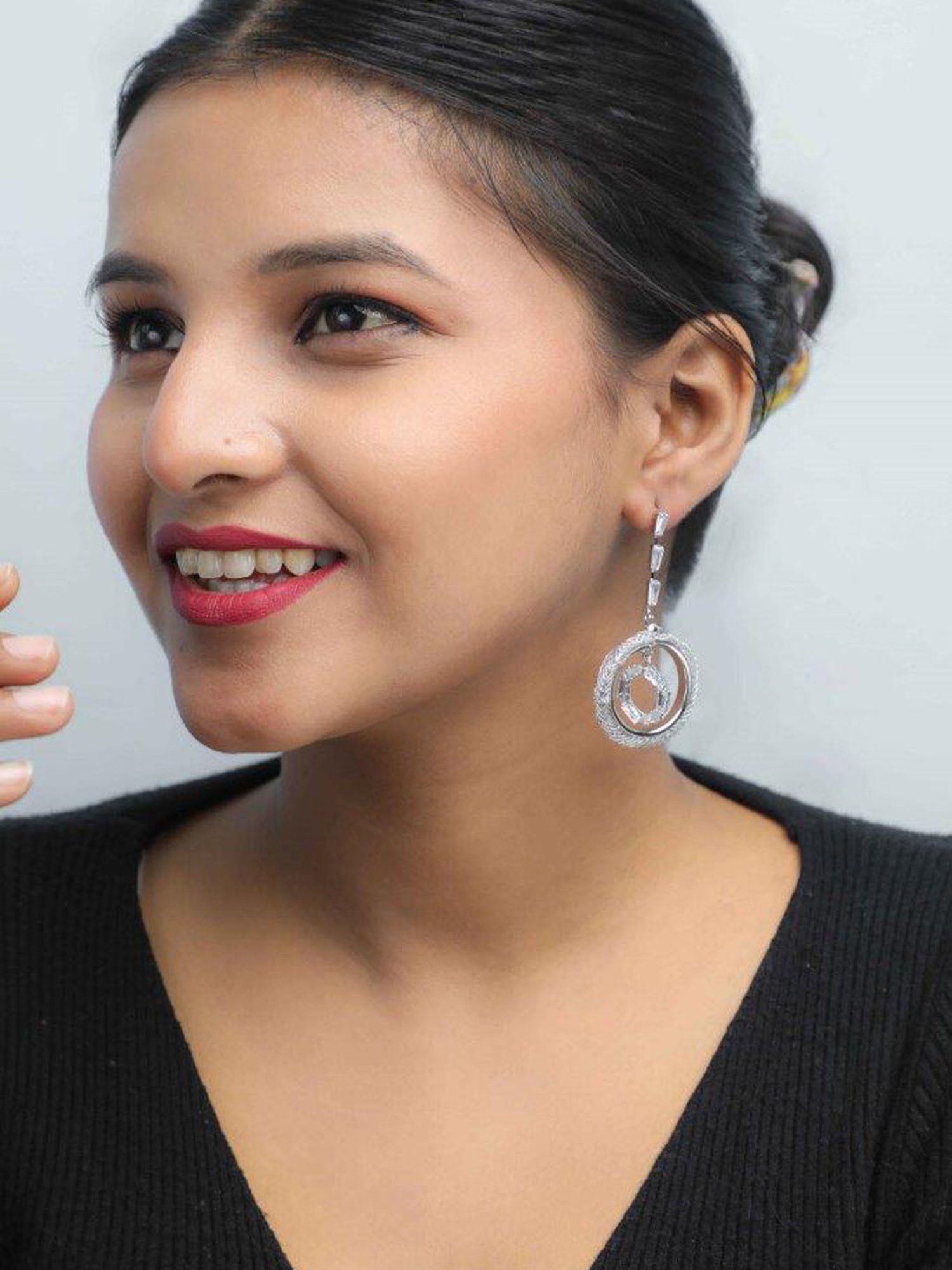 VOJ Silver Plated Stone Studded Circluar Drop Earrings for Women