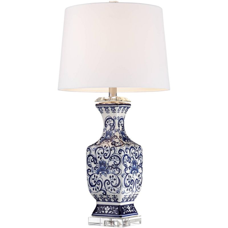 Barnes and Ivy Asian Table Lamps Set of 2 Porcelain Blue Floral Jar Geneva White Drum Shade for Living Room Family Bedroom Bedside