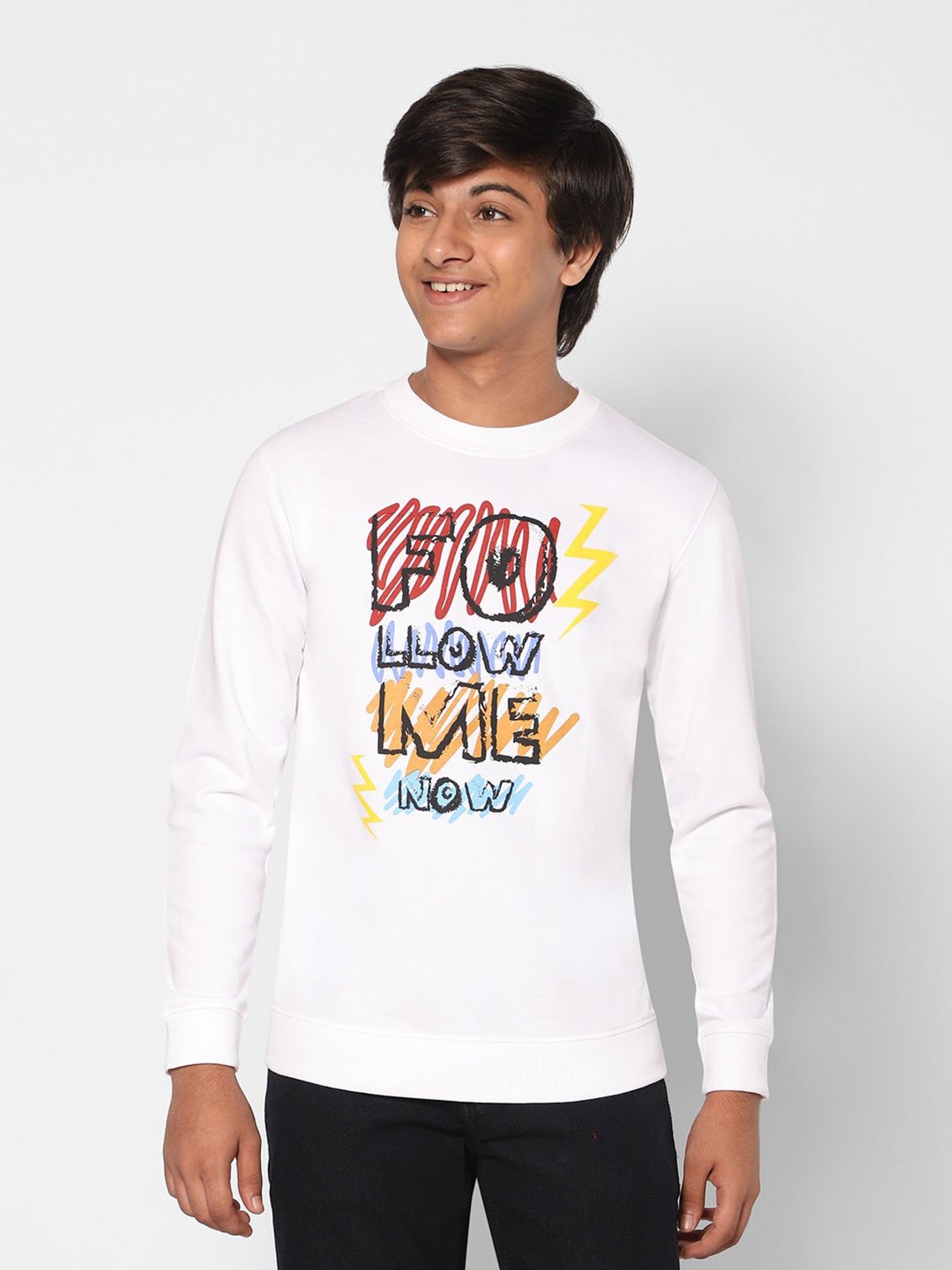 TeenTrums Boys White Printed Full Sleeves Sweatshirt
