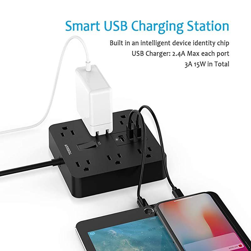 Power Strip with USB  Desktop 5 Ft Extension Cord Flat Plug with 6 Widely Spaced Outlets Builtin 1700J Surge Protector for Home and Office Accessories Black