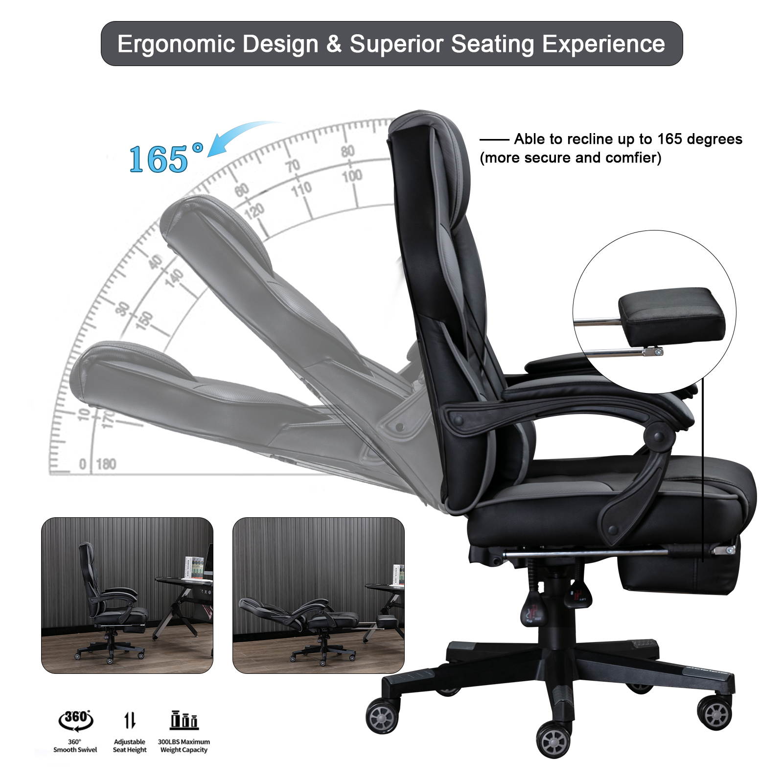 Massage Computer Gaming Chair, Adjustable Lumbar Support PU Leather Swivel Racing Style Video Game Chairs