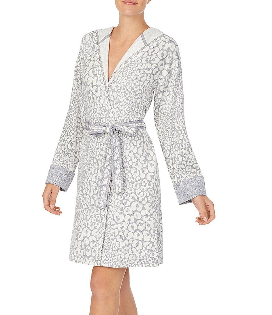 iRelax Brushed French Terry Animal Print Short Wrap Hoodie Robe