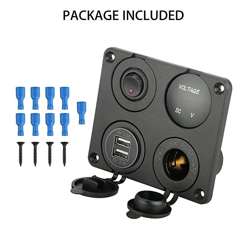 4 in 1 Charger Socket Panel 12V 42A Dual USB Charger Socket Power Outlet amp LED Voltmeter amp Cigarette Lighter Socket amp Red LED Lighted ON Off Rocker Toggle Switch for Car Marine Boat Truck
