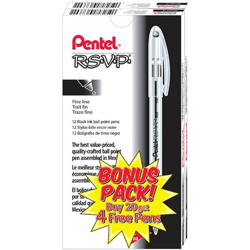 Pentel R.S.V.P. Ballpoint Pen Bonus pk, Medium Line, Black Ink, pk of 24